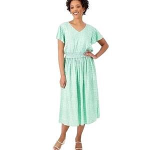 CANDACE CAMERON BURE Petite XL Green Gingham Midi Dress Smocked NIB